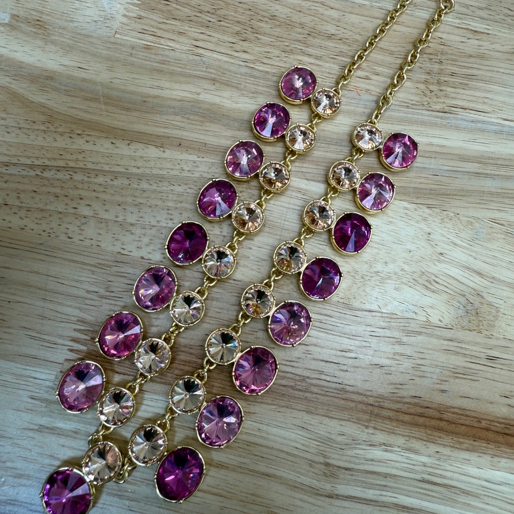 Talbots Gold and Pink Double Crystal Row Statement Necklace - Picture 7 of 10